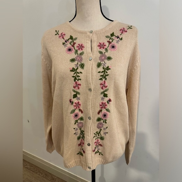 Jumper vintage cardigan floral crochet button front size large 100% cotton - Picture 1 of 5